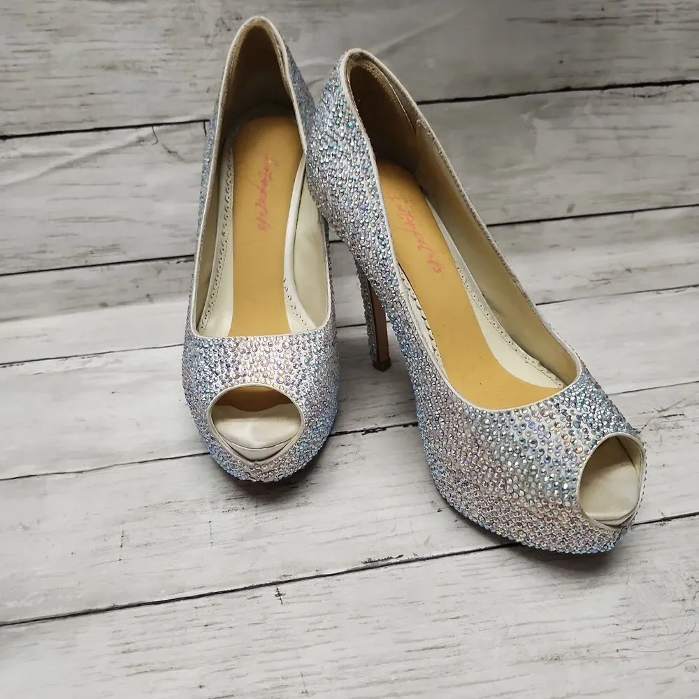 Benjamin Adams London Silver Jewel Encrusted Peep Toe Platform Pumps S 7.5/38
